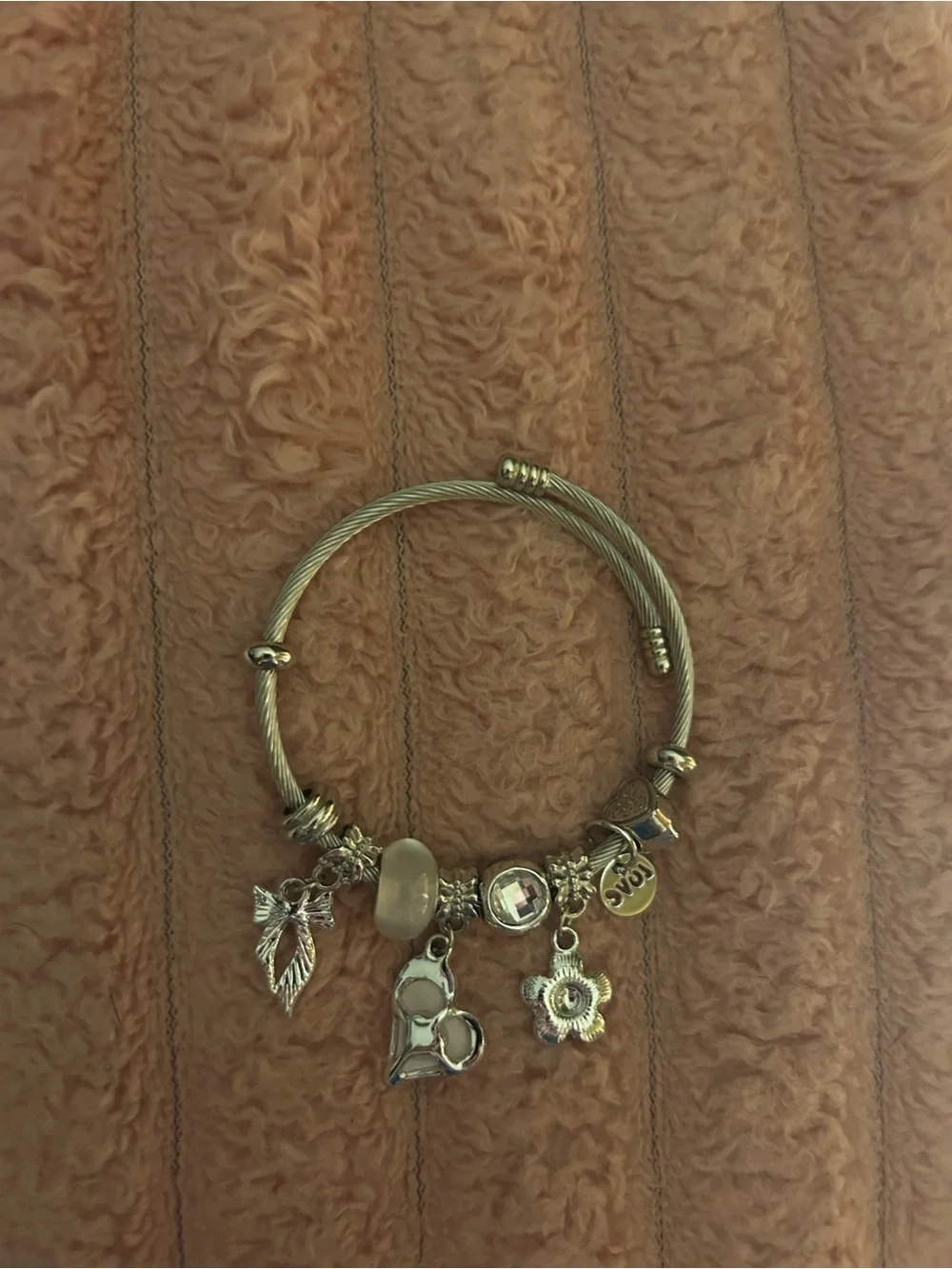 Silver-Tone Charm Bangle Bracelet with Pink Accents